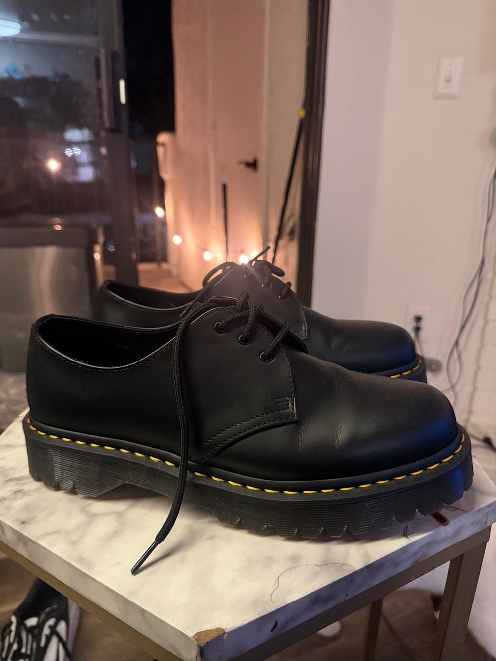 Black Leather Lace-Up Shoes with Yellow Stitching